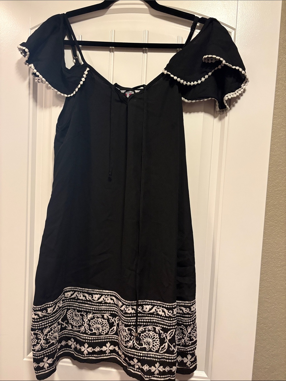 Three Hearts Black Dress with White Embroidered Hem